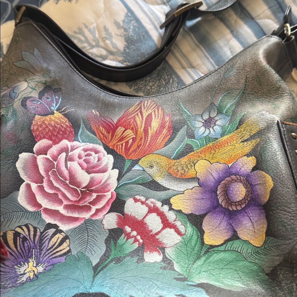 Anuschka Hand-Painted Leather Bag with Floral and Bird Design